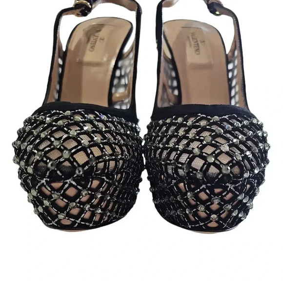 Valentino Garavani Lattice Crystals Slingback Platform Pumps Black Size 7.5 - Picture 8 of 14